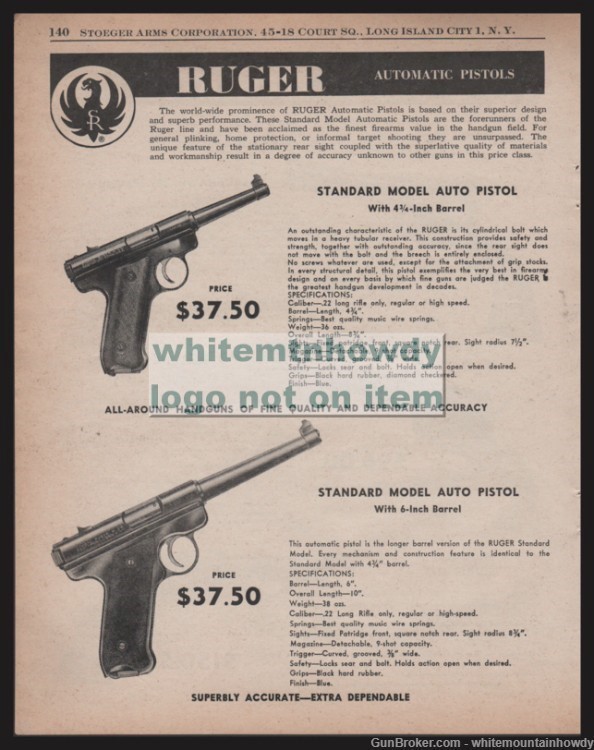 1958 RUGER Standard Model Pistol 4 3/4" and 6" PRINT AD-img-0