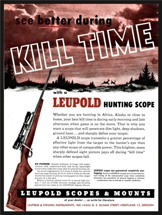1954 LEUPOLD 4X Pioneer Hunting Rifle Scope PRINT AD Original Advertising-img-0