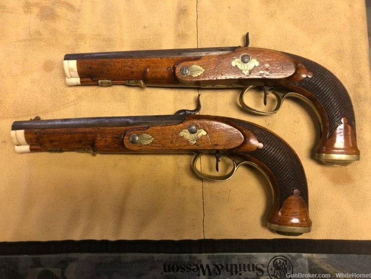 PAIR of Antique French? Dueling Pistols NICE CLEAN 50cal Wax Bullet IVORY-img-1