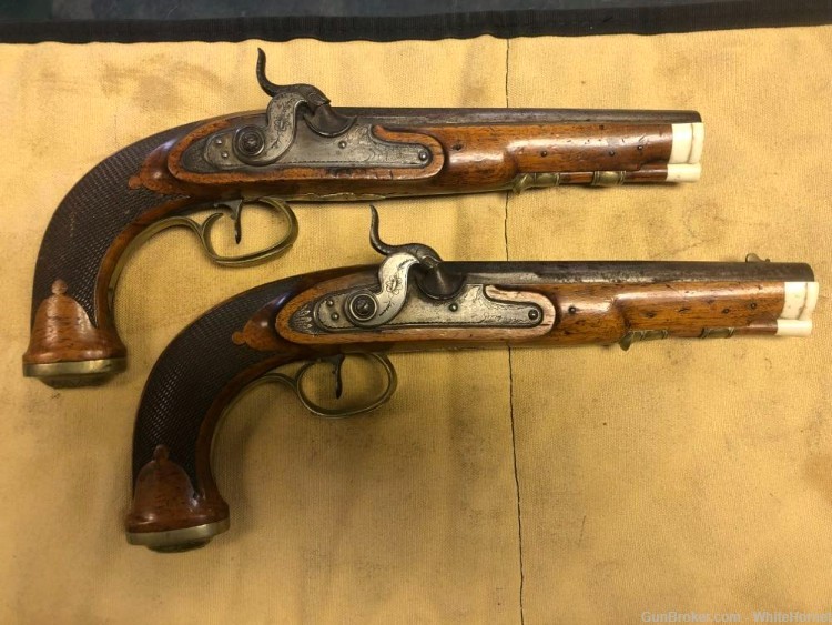 PAIR of Antique French? Dueling Pistols NICE CLEAN 50cal Wax Bullet IVORY-img-0