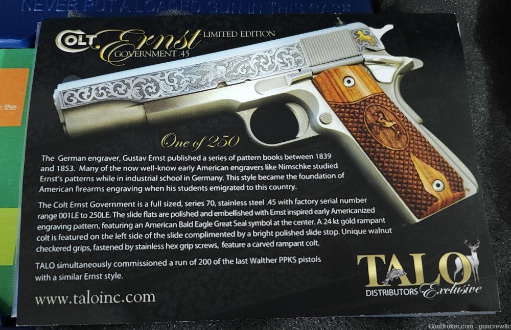 Colt TALO Gustav Ernst Engraved 1911 Stainless SS 45acp O1070A1LE Layaway-img-5