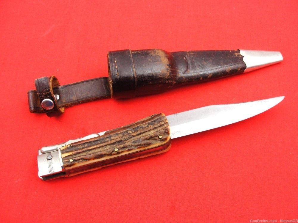 Anton Winger JR Othello folding knife stag handles w/sheath-img-0