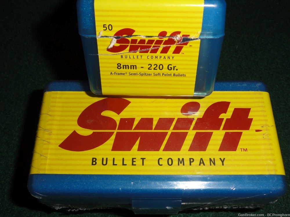 100 Rbds Swift A-Frame Bullets, 8mm 220 Grain Semi-Spitzer Soft Points-img-0
