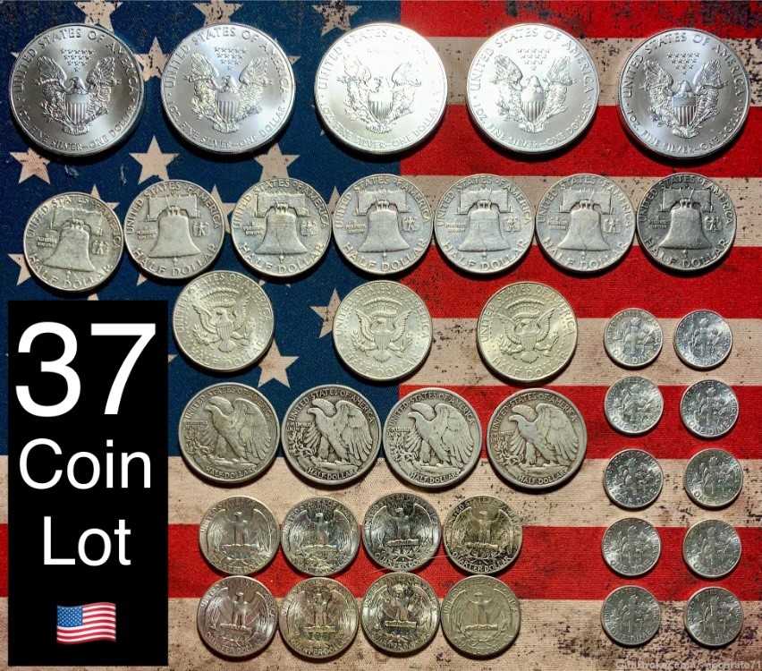 Silver Eagles Liberty Half Dollars Quarters Dimes Franklins 37 Coin Lot-img-1