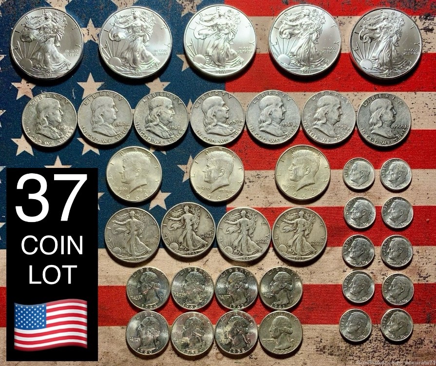 Silver Eagles Liberty Half Dollars Quarters Dimes Franklins 37 Coin Lot-img-0
