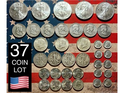 Silver Eagles Liberty Half Dollars Quarters Dimes Franklins 37 Coin Lot