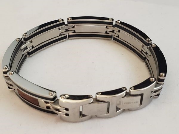 ITALGEM STEEL Stainless Steel/IP Black/Wood Link Bracelet.8".SMB27*REDUCED*-img-3