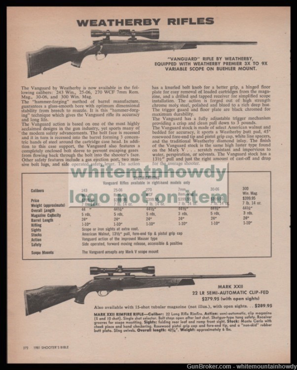 1981 WEATHERBY Vanguard & Mark XX Rifle PRINT AD w/specs-img-0