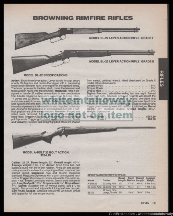 1987 BROWNING RIMFIURE RIFLE PRINT AD BL-22 Rifle Grade I & II A Bolt -img-0