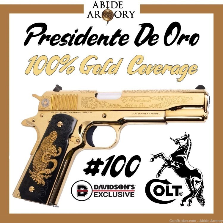 COLT 1911 PRESIDENTE DE ORO 38 Super 100% Gold Covered Engraved #100 of 500-img-0