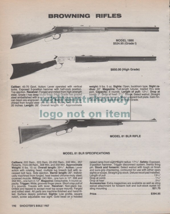 1987 BROWNING 1886 Grade I & High, 81 BLR Rifle PRINT AD-img-0