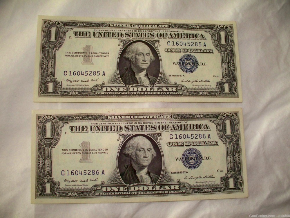 1957A $1 SILVER CERTIFICATES TWO CONSECUTIVE CU-img-0