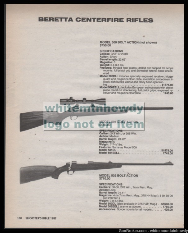 1987 BERETTA Model 501 and 502 Bolt |Action Rifle PRINT AD-img-0