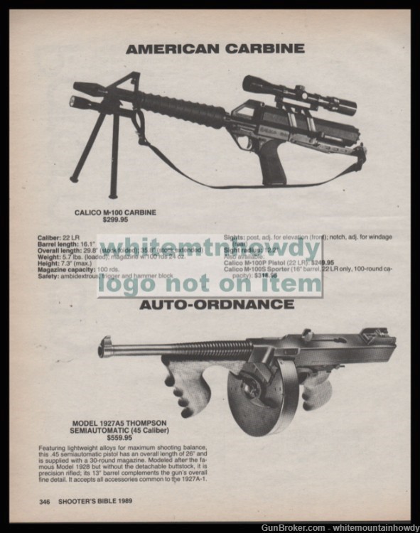 1989 CALICO M-100 Carbine 1927A5 Thompson Semi-Auto Auto-Ordnance PRINT AD-img-0