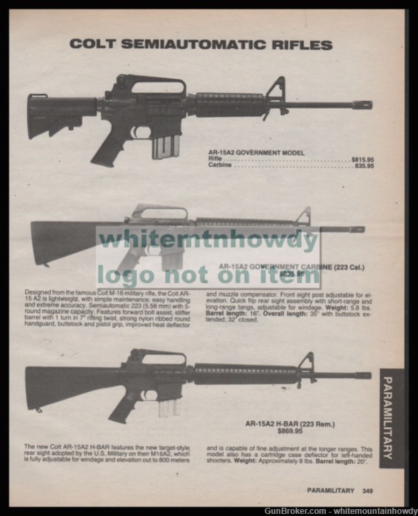 1989 COLT  AR-15A2 Government Rifle & Carbine AR-15A-2 H-BAR PRINT AD-img-0