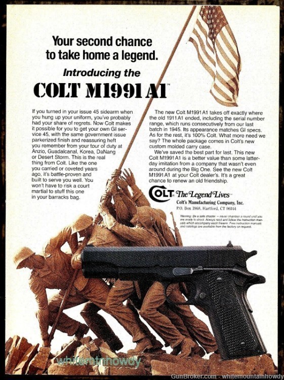 1991 COLT M1991 A1 Pistol PRINT AD Military Raising the flag-img-0