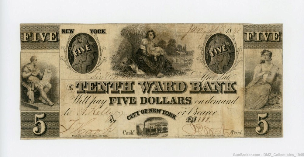 1840 $5 New York Bank Note Money Currency-img-0