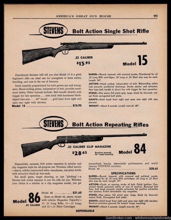 1958 STEVENS Model 15 and 84 .22 Bolt Action Rifle PRINT AD w/ orig prices-img-0