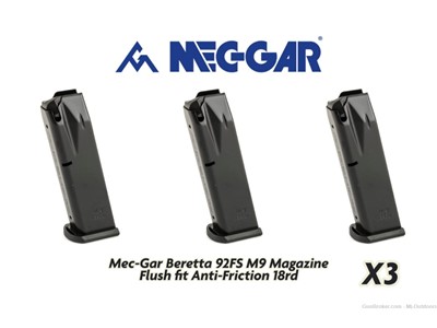 Mec-Gar Beretta 92FS M9 Magazine Flush fit Anti-Friction 18/rd 3 Pack