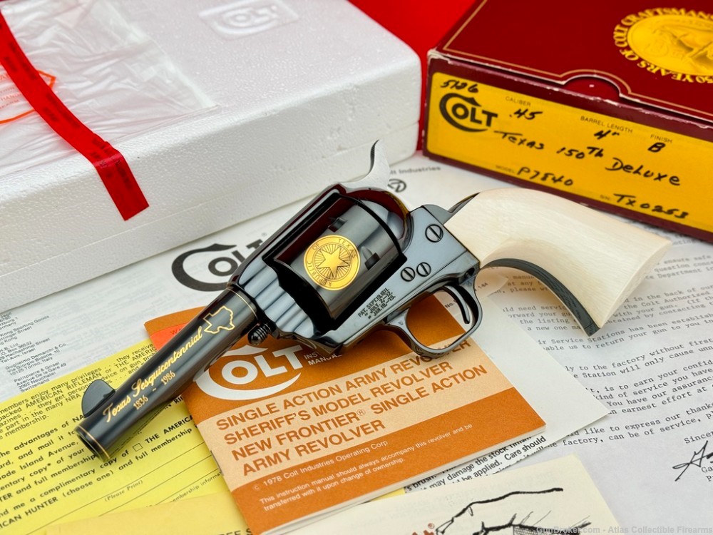 1986 COLT SAA SHERIFF "TEXAS DELUXE" 45LC 4" *FACTORY ENGRAVED & IVORY* NIB-img-0
