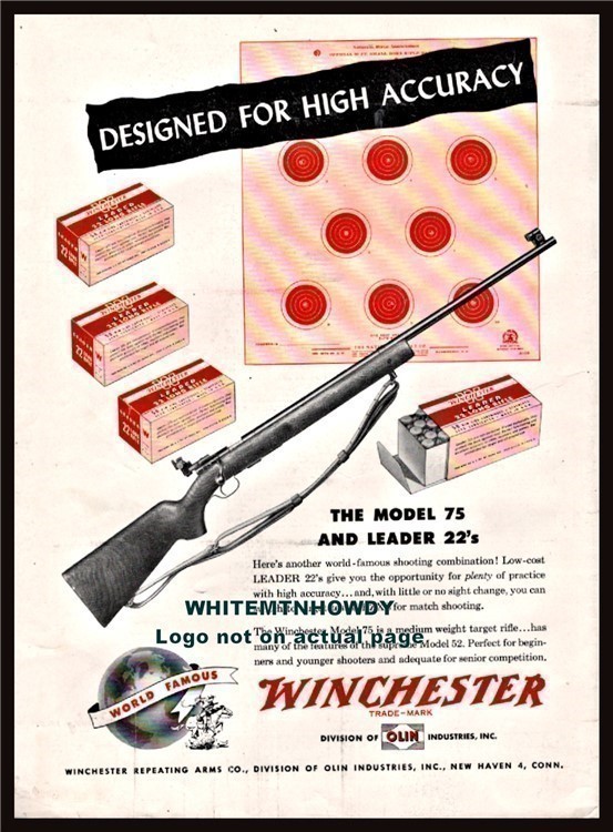 1951 WINCHESTER Model 75 Rifle and Leader .22 Ammunition PRINT AD-img-0