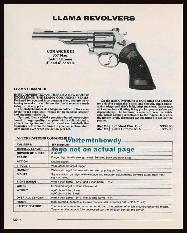 1992 LLAMA Comanche III Revolver PRINT AD w/ specs & original prices-img-0