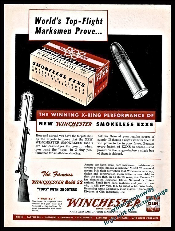1947 WINCHESTER Model 52 Bolt Action Rifle PRINT AD w/ EZXS Ammunition-img-0
