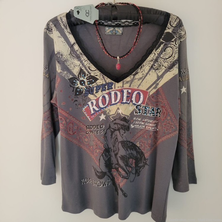 Cowboy Collectibles Horsehair & Beads Necklace AND Rodeo Shirt, size medium-img-0