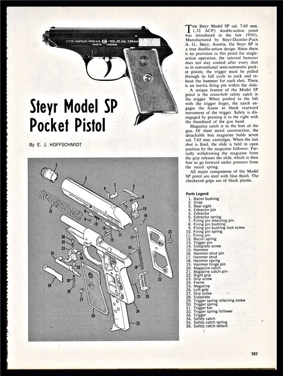 1966 STEYR Model SP Pocket Pistol Schematic Parts List Disassemby Article-img-0