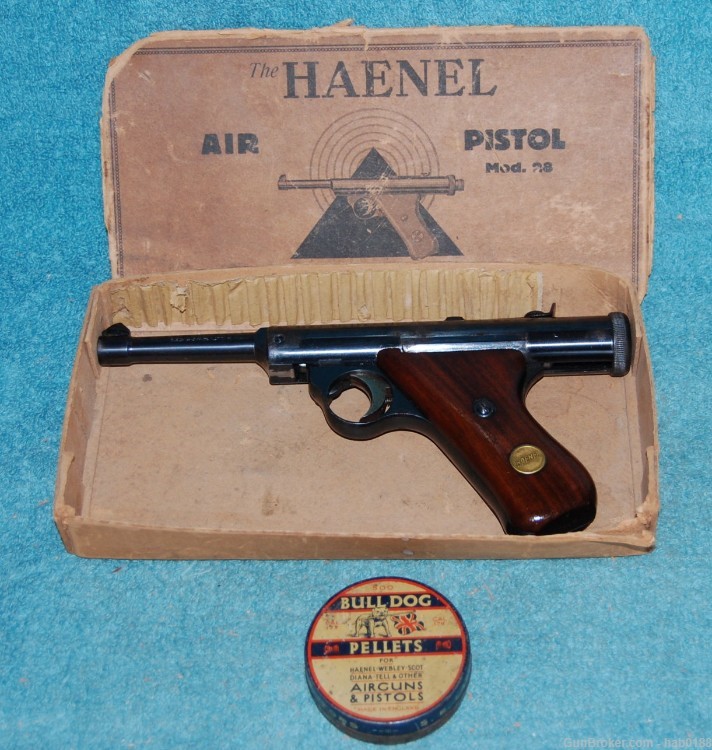 Rare Haenel Model 28 Air Pistol 4.5 mm 177 Cal Box, Tin Pellets Germany-img-0