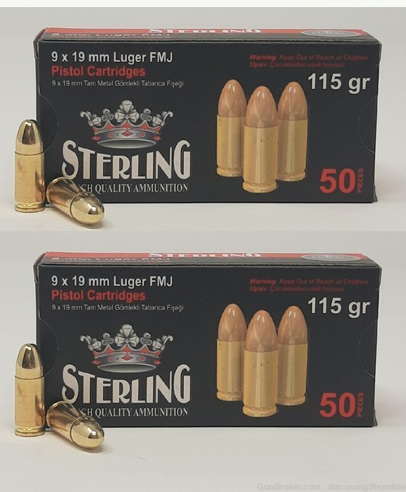 Sterling 9mm Ammunition 115 Grain Steel Case FMJ Twin Pack 100 Rounds SALE!-img-0