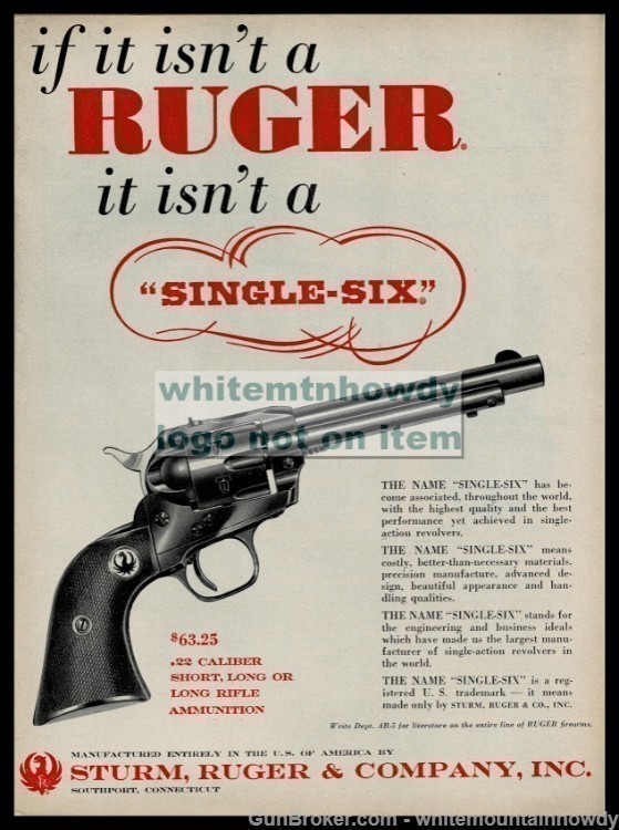 1958 RUGER Single-Six Revolver Old Gun PRINT AD-img-0