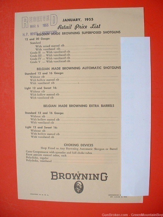 1955 OEM BROWNING Retail & Dealer Price Lists Set- RARE!-img-0