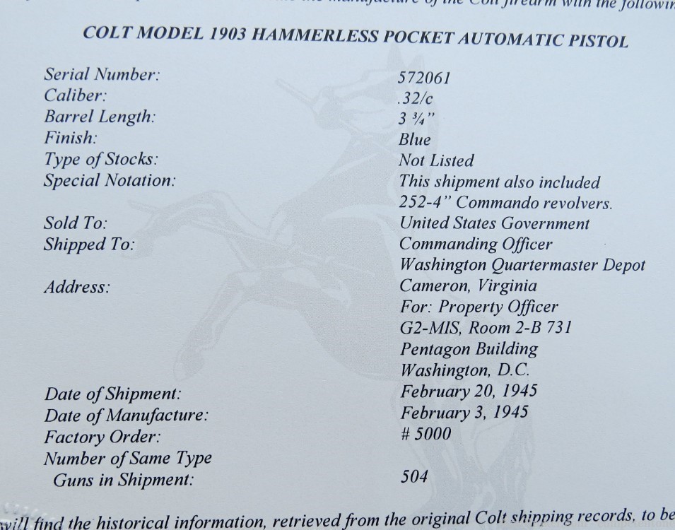Colt 1903 M1903 32acp Pocket Hammerless WWII Military Intelligence Service-img-67