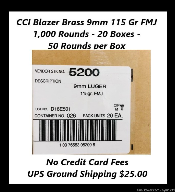 1000 Rounds CCI 9mm Luger Blazer Brass 5200 115 Grain FMJ Factory New Ammo-img-0