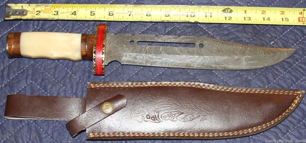 CUSTOM HANDMADE DAMASCUS STEEL BOWIE KNIFE 16 INCH W/LEATHER-img-0
