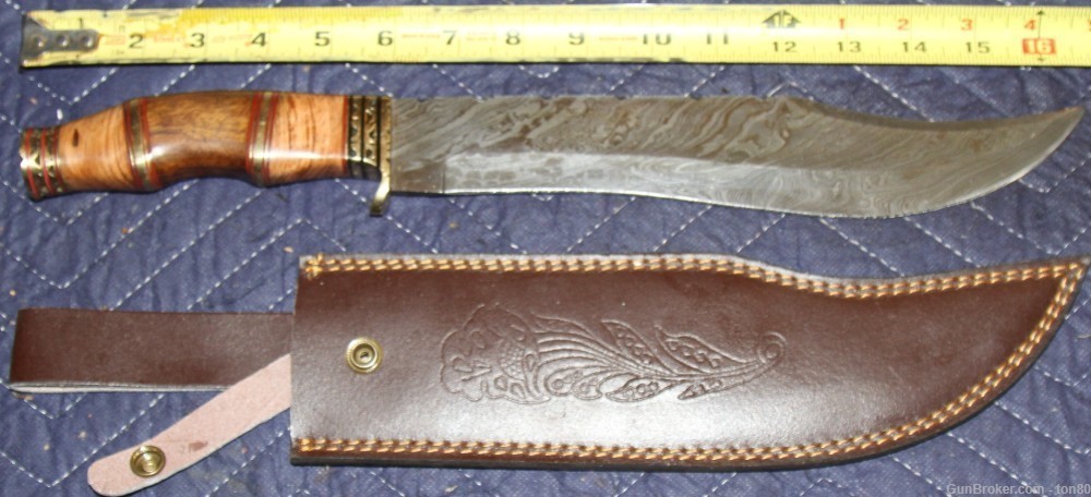 CUSTOM HANDMADE DAMASCUS STEEL BOWIE KNIFE 16 INCH W/LEATHER-img-0