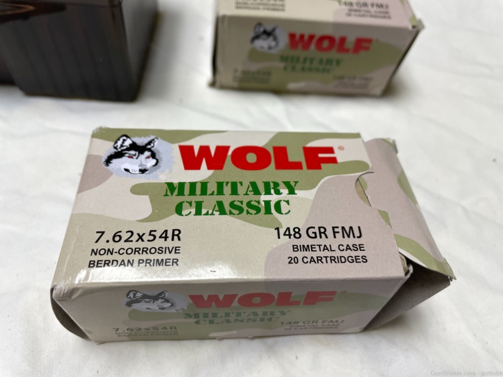Wolf ammo 7.62x54R.  148 gr FMJ.  Non-corrosive.  Berdan primed-img-1