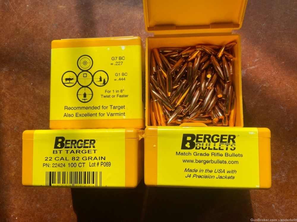 429 Berger 82 Grain 22 Caliber .224 BT  Boattail Target Bullets-img-0