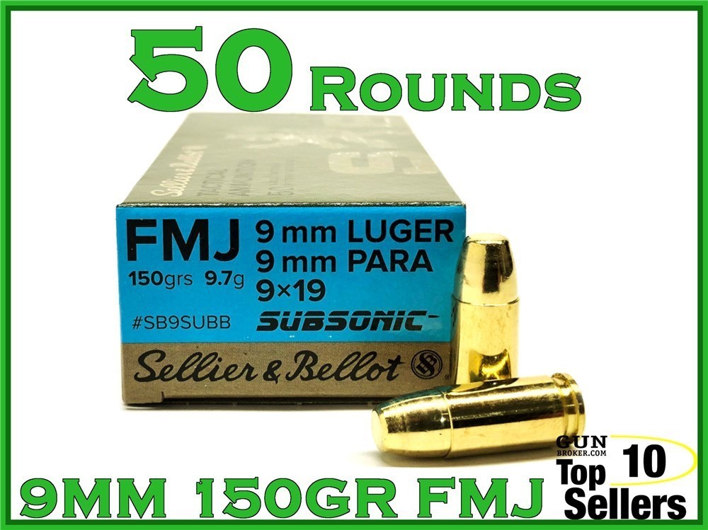 S&B Subsonic 9mm ammo 150 grain FMJ SB9SUBB-img-0