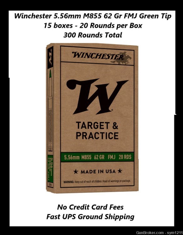 300 Rounds Winchester 5.56mm M855 62 Gr Green Tip FMJ 15 Boxes  No CC Fees -img-0