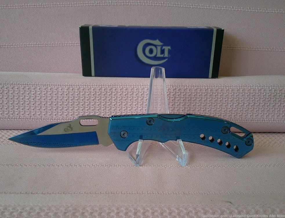 NIB COLT Stunning Blue Handle Titanium Blade Lockback Folding Knife!-img-7