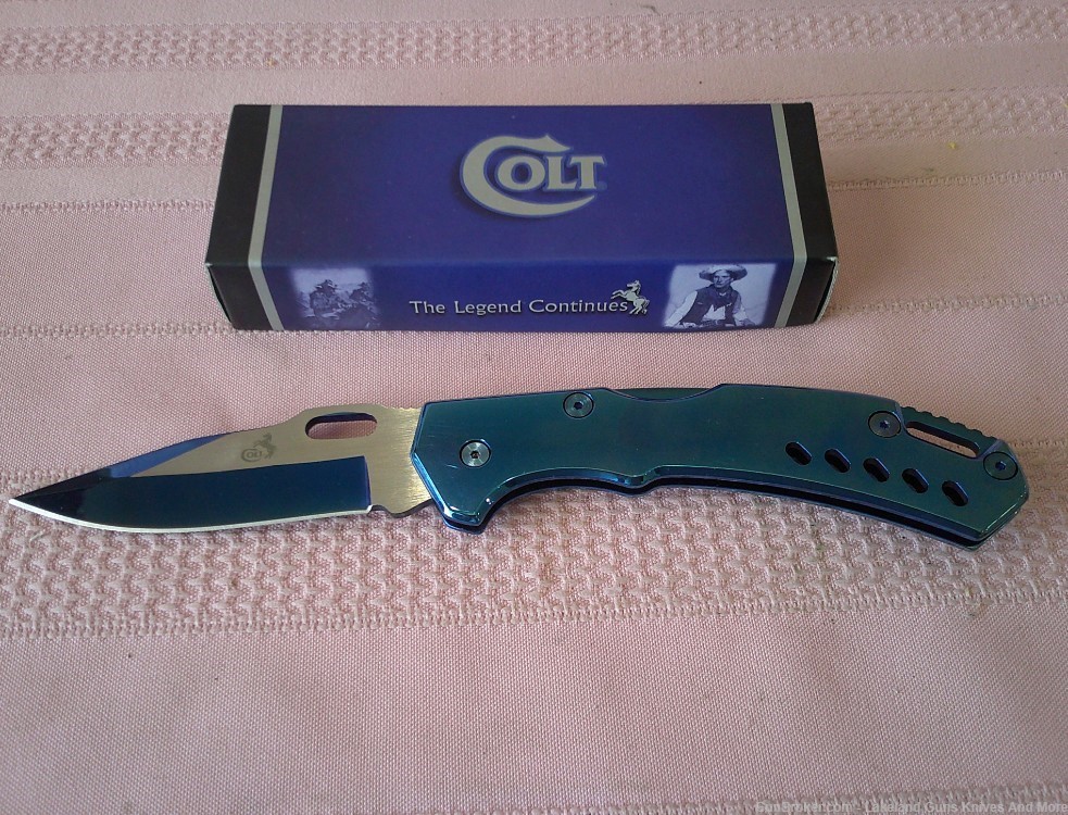 NIB COLT Stunning Blue Handle Titanium Blade Lockback Folding Knife!-img-1