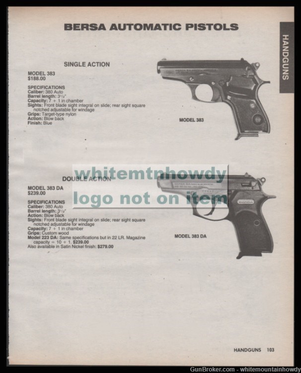 1988 BERSA Model 383 Single and Double Action Pistol PRINT AD w/specs-img-0