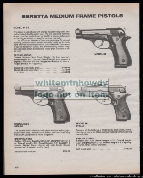 1988 BERETTA Medium Frame 84, 85BB, 86 Pistol PRINT AD-img-0