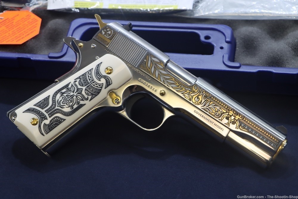 Colt HAKA Series 1911 Pistol 38 SUPER High Polished Stainless Gold Engraved-img-17