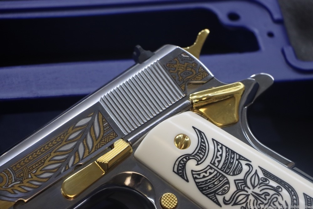 Colt HAKA Series 1911 Pistol 38 SUPER High Polished Stainless Gold Engraved-img-3