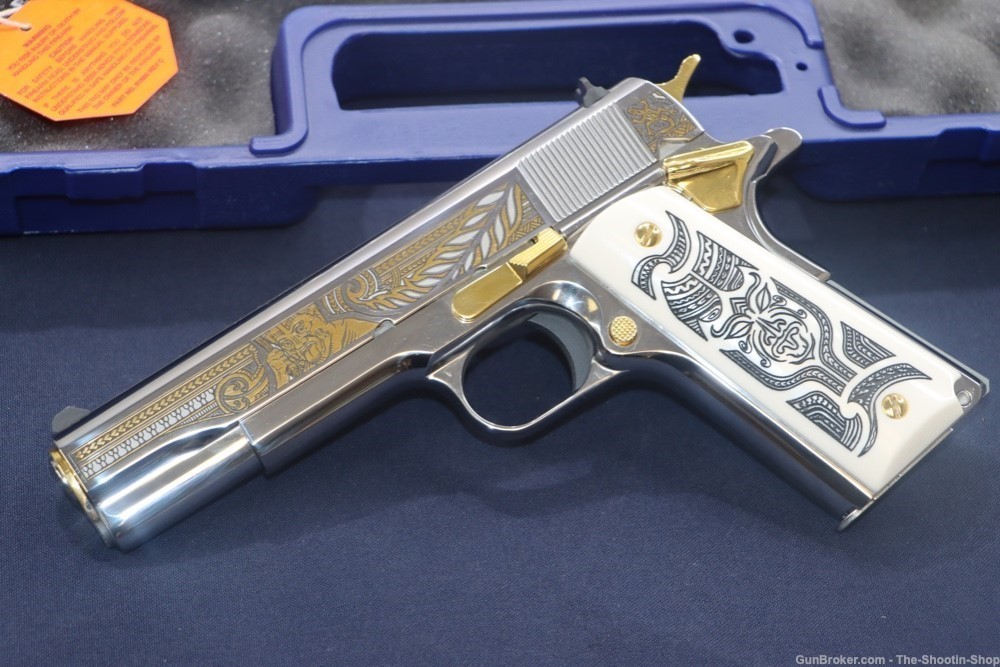 Colt HAKA Series 1911 Pistol 38 SUPER High Polished Stainless Gold Engraved-img-0
