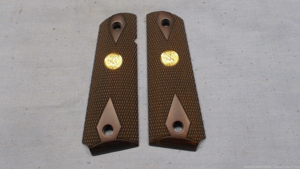 One Set Colt Gold Medallion Logo 1911 Wood Grips W/ Safety Cut Nice-img-0