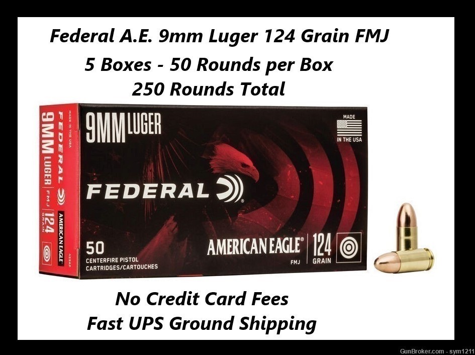 250 Rounds Federal 9mm 124 gr Luger AE9AP FMJ Factory New Ammunition-img-0